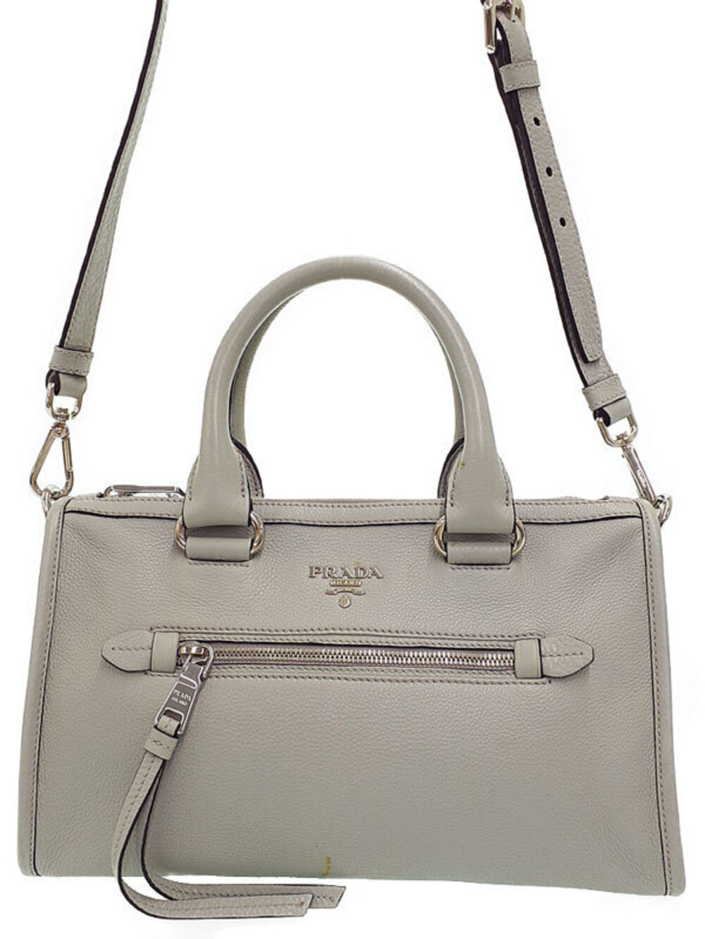 Prada Gray pebbled leather top handle bag front zip pocket